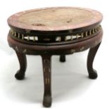 Antique Chinese hardwood oval stool with inlaid decoration & terminates on 4 scrolled feet - 42cm