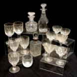 3 cut glass decanters, 1 with silver collar, 6 antique champagne bowls,3 antique ale glasses, 2 with