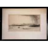 Framed signed etching of figures on a coast with approaching storm by Alfred Bentley (1879-1923) ~