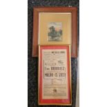 Framed original 1961 bull fighting poster t/w antique framed watercolour study of a cottage in the