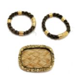 Pair of antique plaited hair rings with unmarked gold detail (approx size P) t/w pinchbeck hair