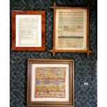 3 x framed samplers - dated 1865 (34cm square), 1871 in a convent frame (43cm x 35cm) & undated by