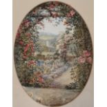 19th Century English Garden. oval watercolour, view of an English Country Cottage garden looking