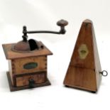 Vintage continental coffee grinder (21cm high & has chip to corner) t/w metronome (hatch a/f &