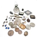 Qty of oddments inc coins (some silver), miniature lighter, Bryant & Mays vesta, medical pin badges,