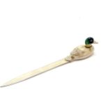 Silver hallmarked letter opener with enamel headed duck design handle by Mark Houghton Ltd - 15.