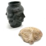 Pre-columbian terracotta mask shard (12cm across) t/w double face detailed vessel (14cm high & has
