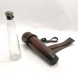 Antique leather cased stirrup flask with silver top and tapered jar - dents to lid otherwise in good