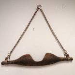 Antique wooden yoke with metal fittings (has old worm & 90cm long), long handled hoe & garden hook