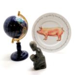 Richard Bramble pig decorated plate (29.5cm diameter), stone set globe on stand & African