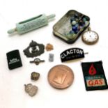 Qty of oddments inc enamel Clacton Dairies badge (6.5cm), 1976 Ford Fiesta bronze medallion (7cm