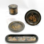 4 x antique chinoiserie papier-mâché - pair of plates (16cm diameter), pen dish & lidded pot ~ in