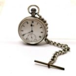 Antique gents silver cased Rone pocket watch on a part silver Albert chain with metal T-Bar (16cm