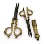 2 pairs of antique brass & steel scissors (smaller pair has sheath) - longest pair 17cm slightly