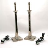 Pair of tall, chromed metal table lamps with squared bases & columns - 61cm high