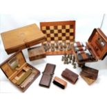 Vintage cast metal military themed chess set (tallest 10cm) t/w antique folding chessboard (42cm x