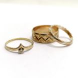 3 x gold rings - the 3 colour gold (unmarked) plaited ring is size K, white stone set wishbone