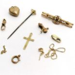 Antique gold marked pin set with a diamond t/w unmarked gold cross, bar brooch (lacking pin) & scrap