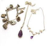 Silver charm bracelet with charms inc Hovercraft SR-N1, Nuvo caravan etc t/w amethyst stone set