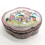 Antique Chinese Cantonese enamel pink grounded shaped box with lid - 10cm across & 5cm high ~ slight