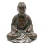 Antique cast bronze seated Asian Buddha in ceremonial robes. 16cm high. Is missing both hands, small