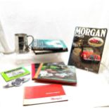 Morgan winged 4/4 car badge (15cm) t/w Morgan tankard (some dents), Morgan related books / magazines