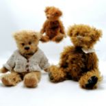 Hand made plush jointed weighted teddy bear (41cm) wearing a hand knitted cardigan t/w Delight in