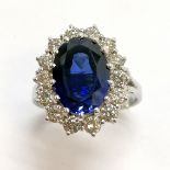 14ct marked white gold sapphire (approx 14mm x 10mm) & diamond (14 diamonds = total weight 1.85ct)