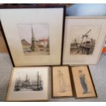 3 x framed engravings of Amsterdam / Honfleur signed by E C Ashworth (largest 46cm x 39cm) t/w 2 x