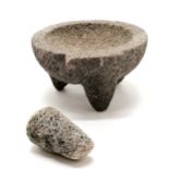 Antique volcanic stone pestle (8cm) & mortar on 3 stile feet and tag to 1 side - 18cm diameter &
