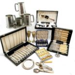 Qty of cased mostly silver plated cutlery t/w 5 pewter tankards etc