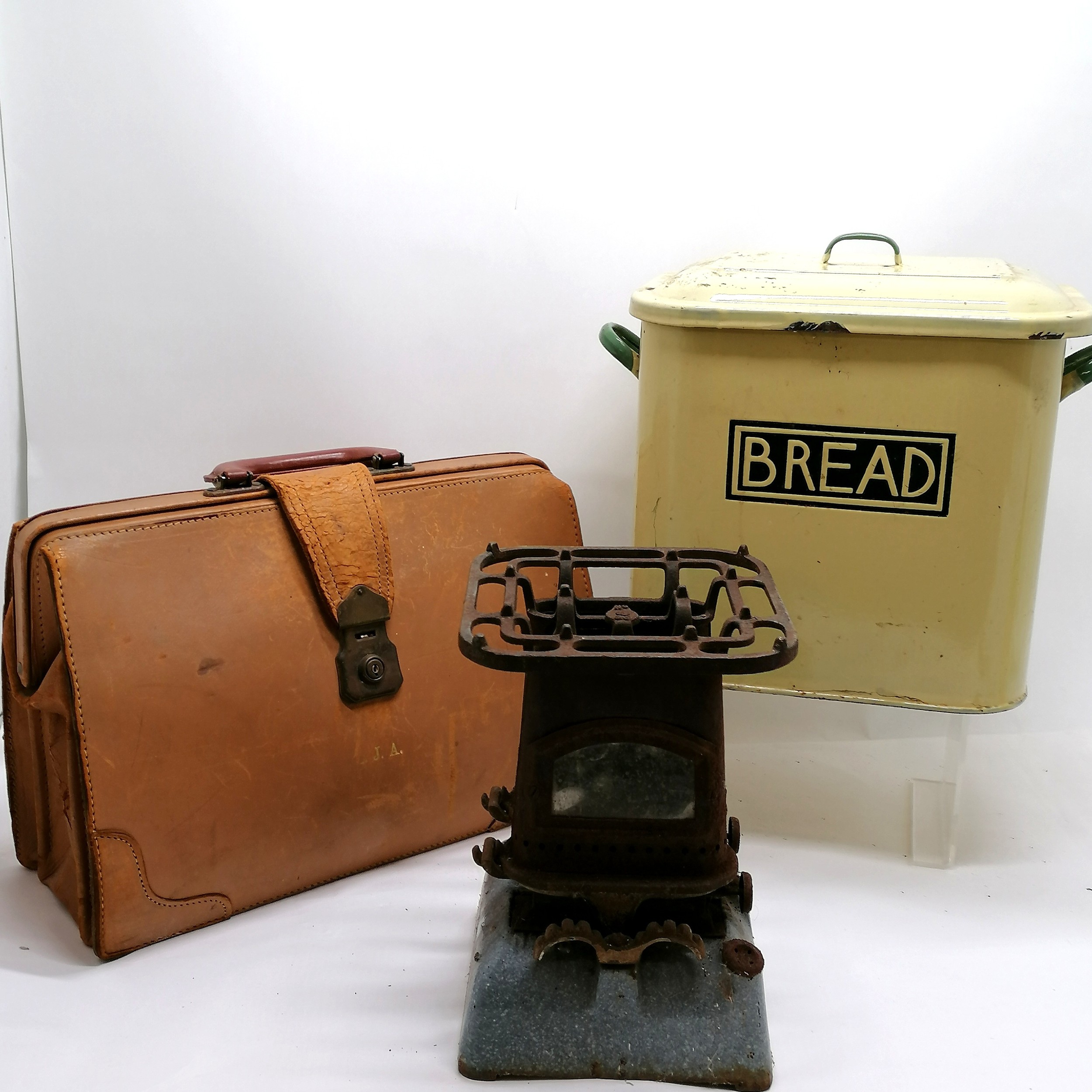 Leather briefcase (42cm x 30cm), vintage enamel bread bin (slight chips) & greenhouse heater