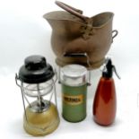 Copper coal scuttle, Tilley lamp, soda syphon & thermos flask