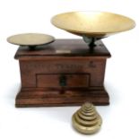 Antique balance scales with drawer containing some weights - 25cm x 14cm x 22cm high & bears a label