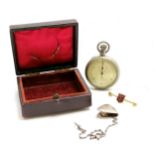 c.WWII nickel cased stopwatch (a/f) t/w continental silver marked napkin holder on chain (17cm