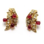 Pair of unmarked 18ct gold clip-on earrings set with cabochon rubies & diamonds - 2.5cm drop & 9g