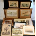 11 x pictures inc 2 watercolours signed Chas Masters, 1796 The golden plover by T Lord, 1913 print