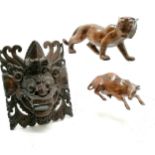 3 x hand carved treen inc Balinese wall mask (22cm x 17cm), tiger (1 tooth repaired) & water buffalo