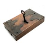 Antique door box lock with original key & hand cut iron detail - 25cm x 16cm, working