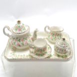 Hand painted miniature bachelor tea set by Agneta Hickley (1926-2022) - tray 17cm x 11cm