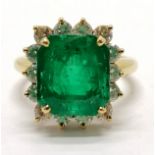 18ct marked gold emerald & diamond cluster ring - size M½ & 7.1g total weight ~ the emerald is