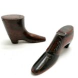 2 x antique snuff shoes both with hinged lids & pin work (the 2 tone detail shoe is 10cm long)