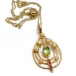 Antique 9ct marked gold Art Nouveau pendant set with peridot / ruby / pearl (3.5cm drop and