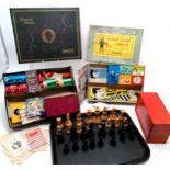 David Nixon boxed magic set (signed inside lid?), Hamleys magicians chest t/w wooden chess set