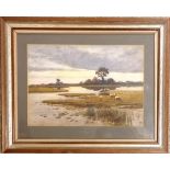 Framed watercolour of sheep at rivers edge by Edwin Bottomley (1865-1929) - 28cm x 35cm