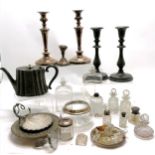 Pair of silver plated candlesticks (26.5cm), silver mounted glass jars, silver plated ware etc - all
