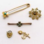 Qty of gold jewellery inc antique 9ct marked gold pearl set brooch (missing 2 pearls), long unmarked