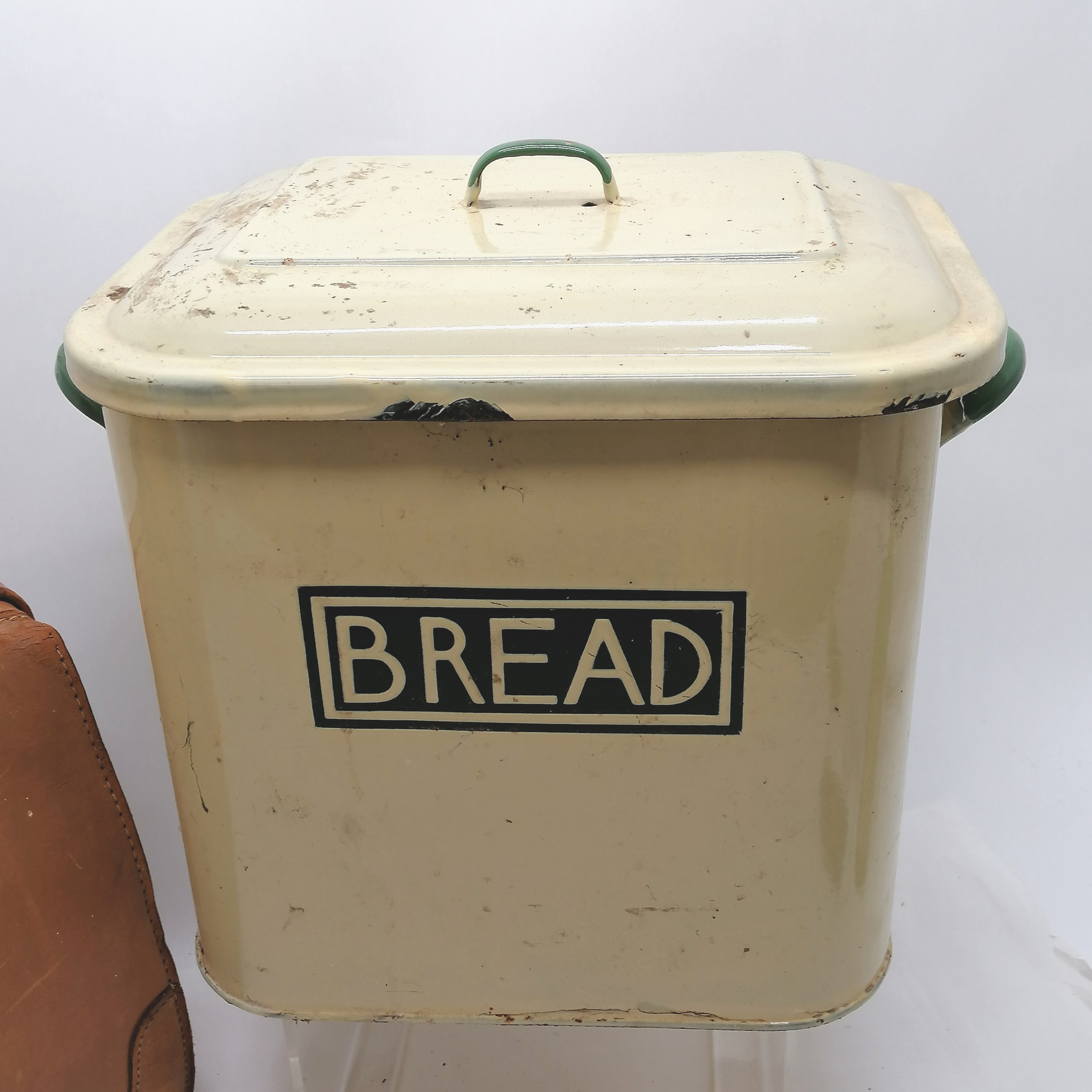 Leather briefcase (42cm x 30cm), vintage enamel bread bin (slight chips) & greenhouse heater - Image 2 of 3