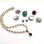 6 x silver stone set rings (inc ruby (cabochon), amethyst, turquoise etc), silver garnet / pearl