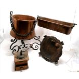 Copper cauldron type pot with chain handle on a wrought iron stand - 48cm high & 32cm diameter to